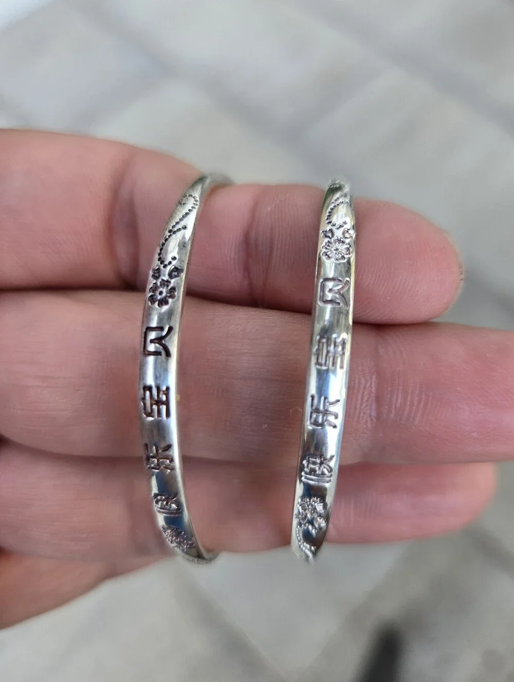 Set Of 2 Vintage hand-stamped sterling silver Adjustable Push Pull Baby Bengals